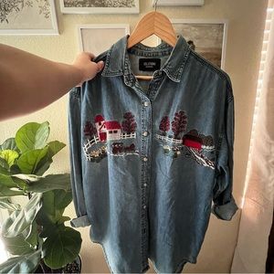 Vintage Embroidered Denim Shirt Farm Scene